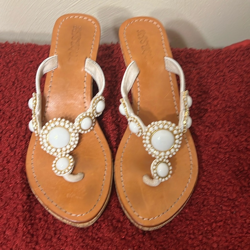 Mystique Boutique White-Beaded Tan Leather Thong Sandals